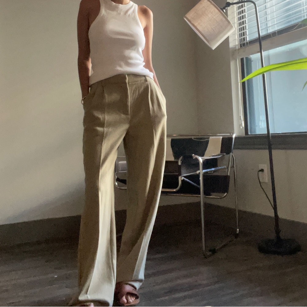 Wool straight suit pants in the color Beige. Josefine Hj x Na-Kd’s collection